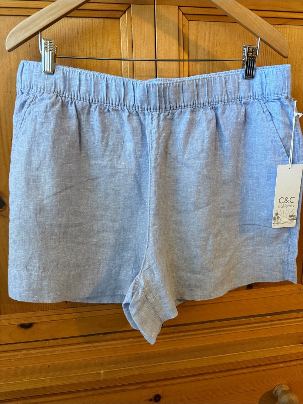 NWT 100% Linen Elastic Waist Shorts, XL, heather ocean blue,front & back pockets